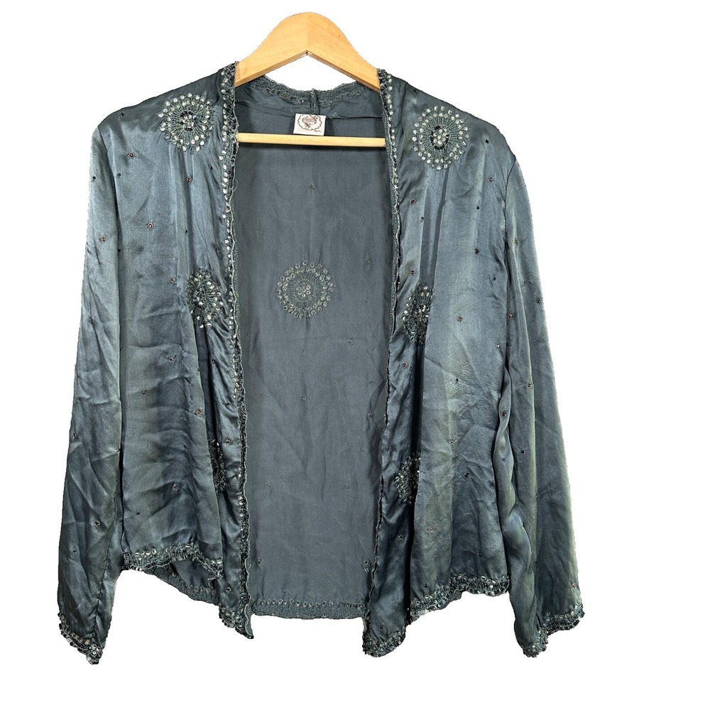 Sage Jewelry Silk Cardigan Size M/L with Gems Made in India Long Sleeve‎